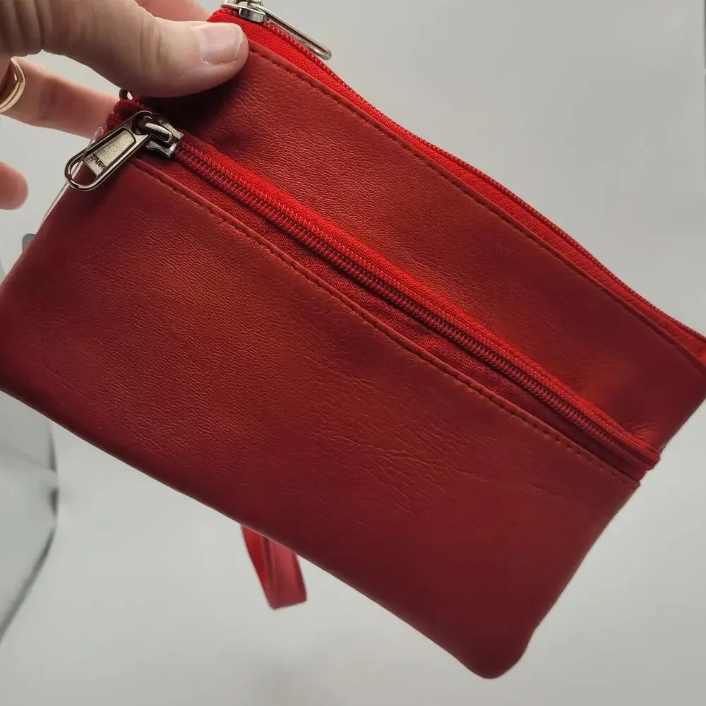 Red Leather Wristlet Clutch Pouch Zip Top Minimalist Soft Simple NWT Small